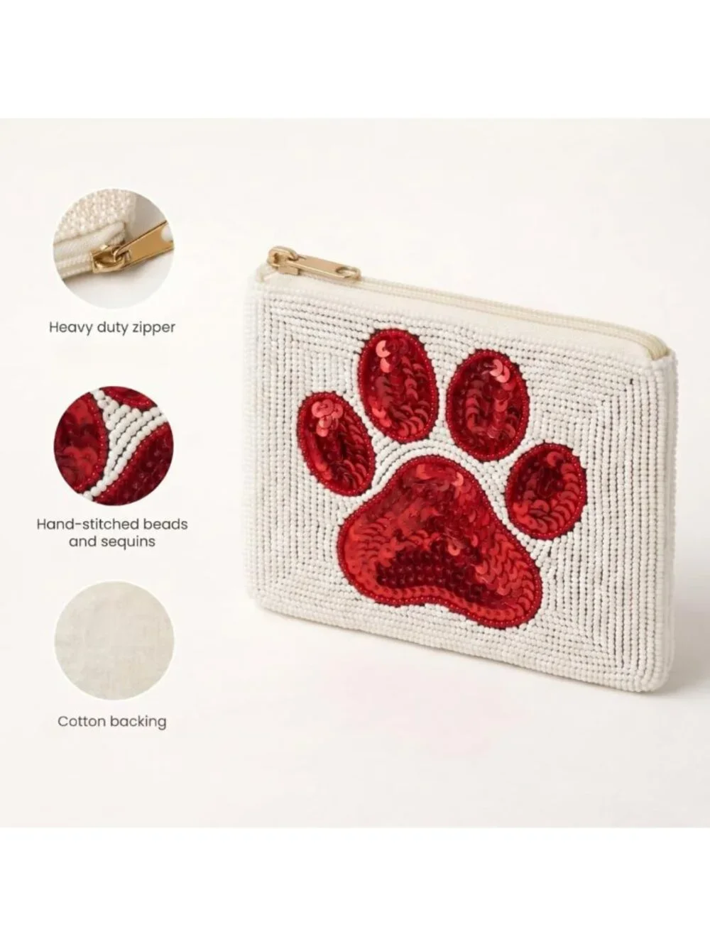Red Beaded Coin Purse with Zipper, Paw Print Design, Cute Change Wallet